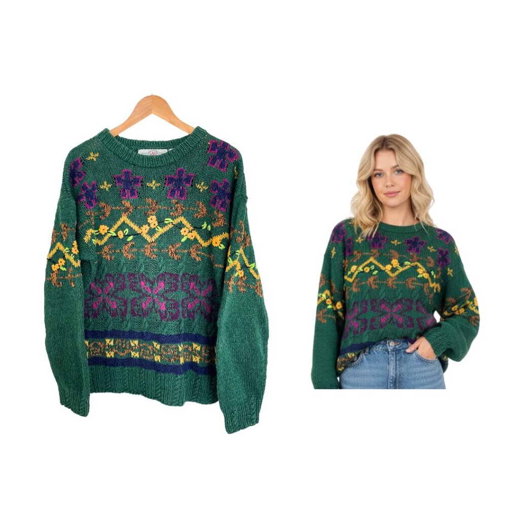 Vintage 90s Cabin Fever Sweater Women Large Hand Knitted Green Flowers Grandma